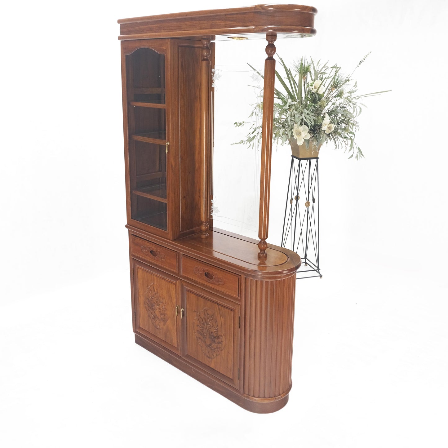 Carved Teak Center Cabinet Room Divider Console Bookcase Shelves Lights Mint!