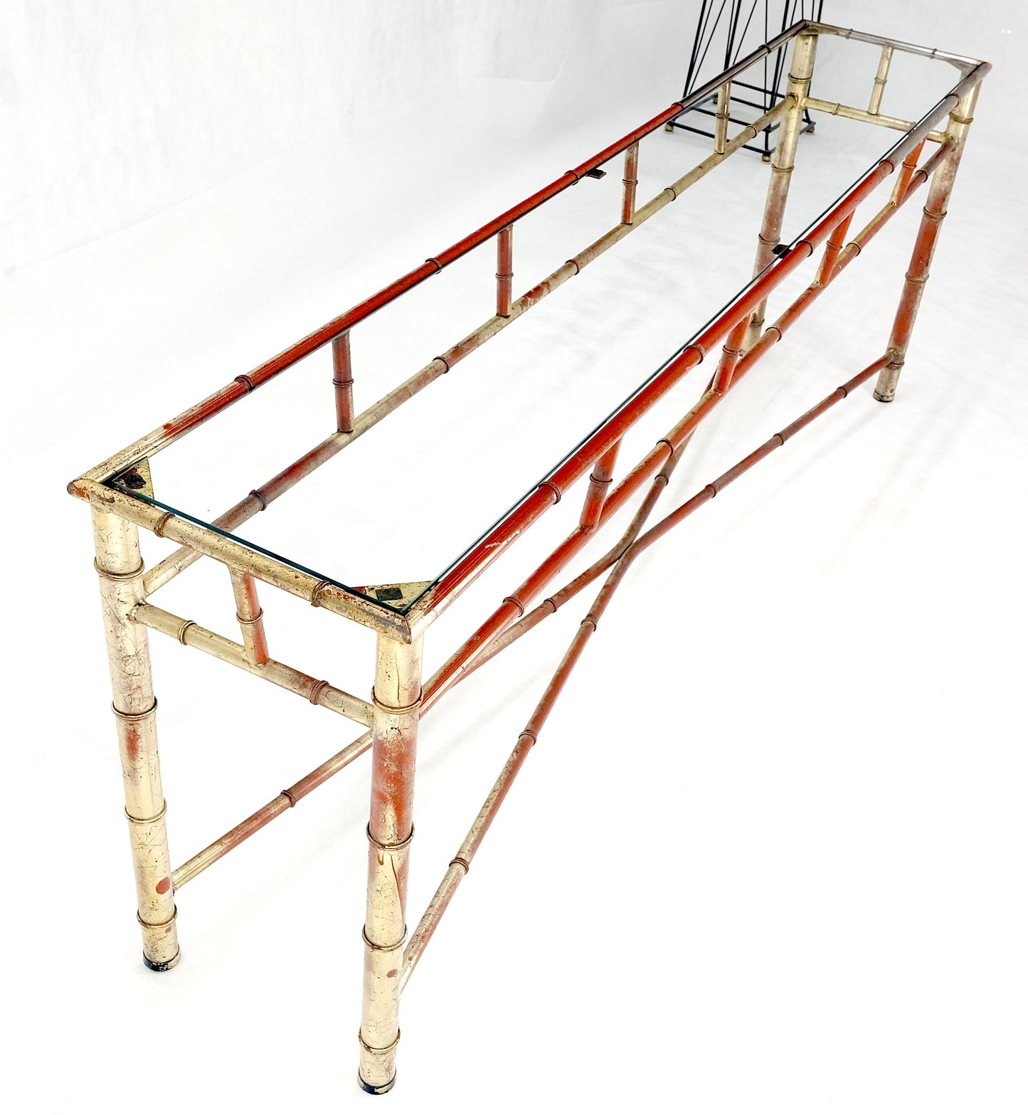 6' Faux Bamboo Metal Silver Gilt & Red Mid Century Modern Console Sofa Table