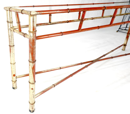 6' Faux Bamboo Metal Silver Gilt & Red Mid Century Modern Console Sofa Table