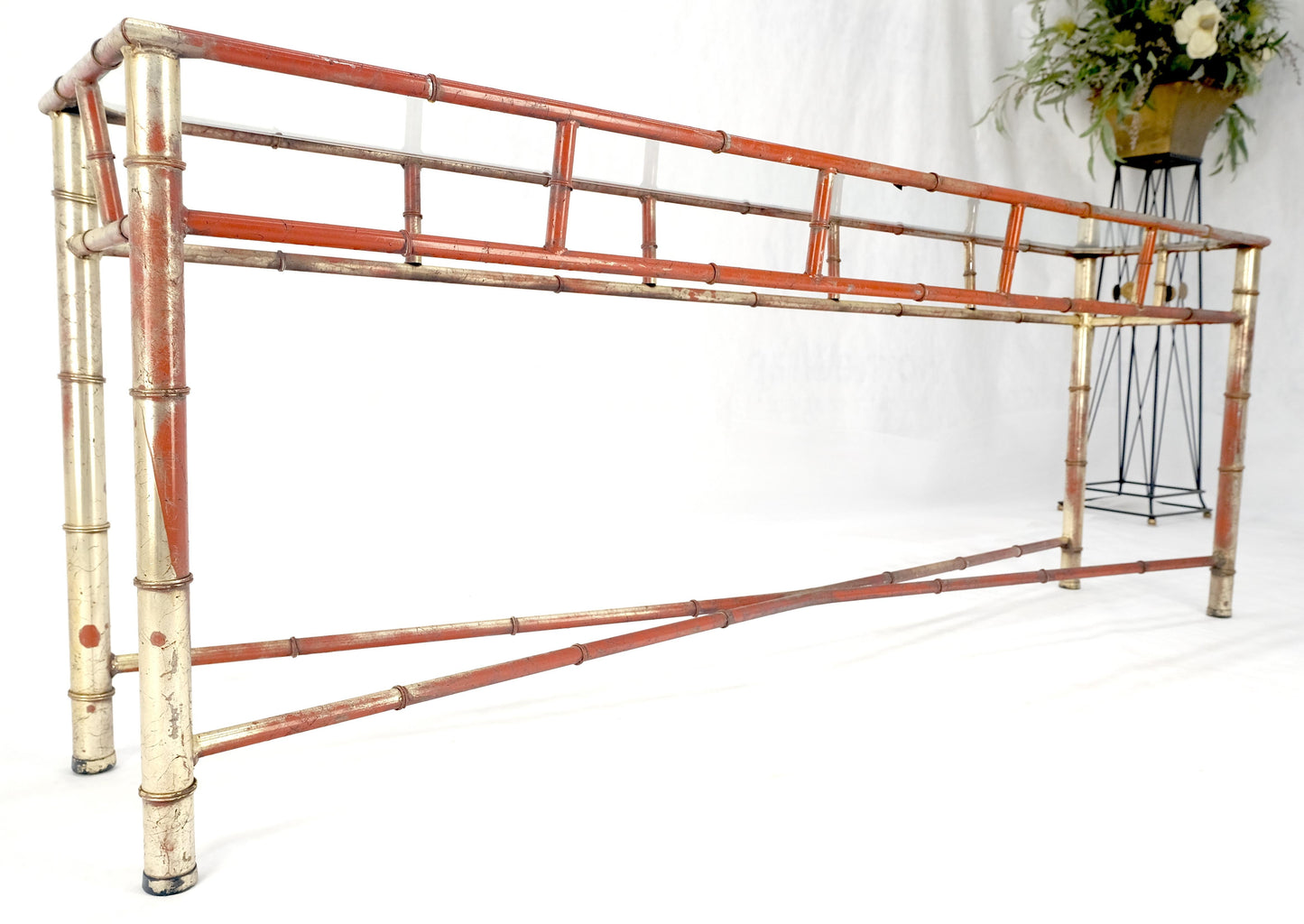 6' Faux Bamboo Metal Silver Gilt & Red Mid Century Modern Console Sofa Table