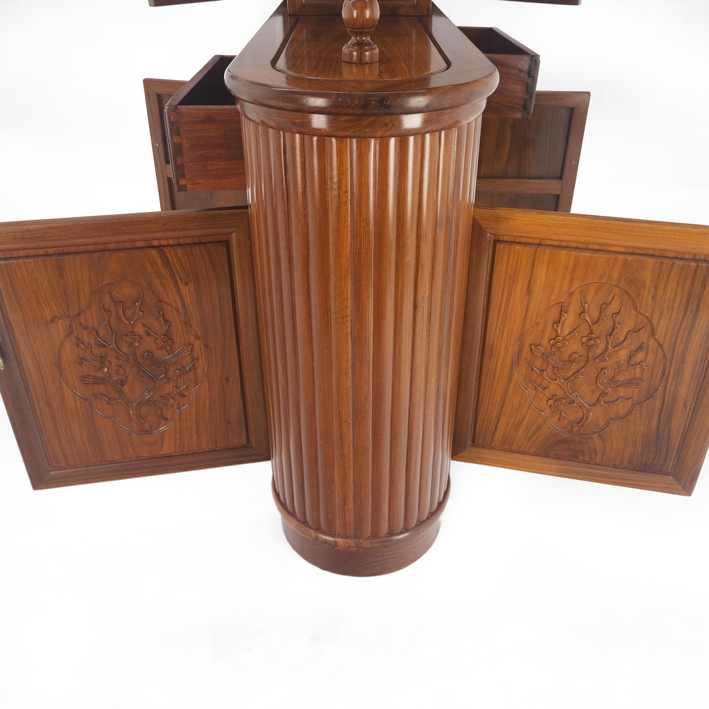 Carved Teak Center Cabinet Room Divider Console Bookcase Shelves Lights Mint!