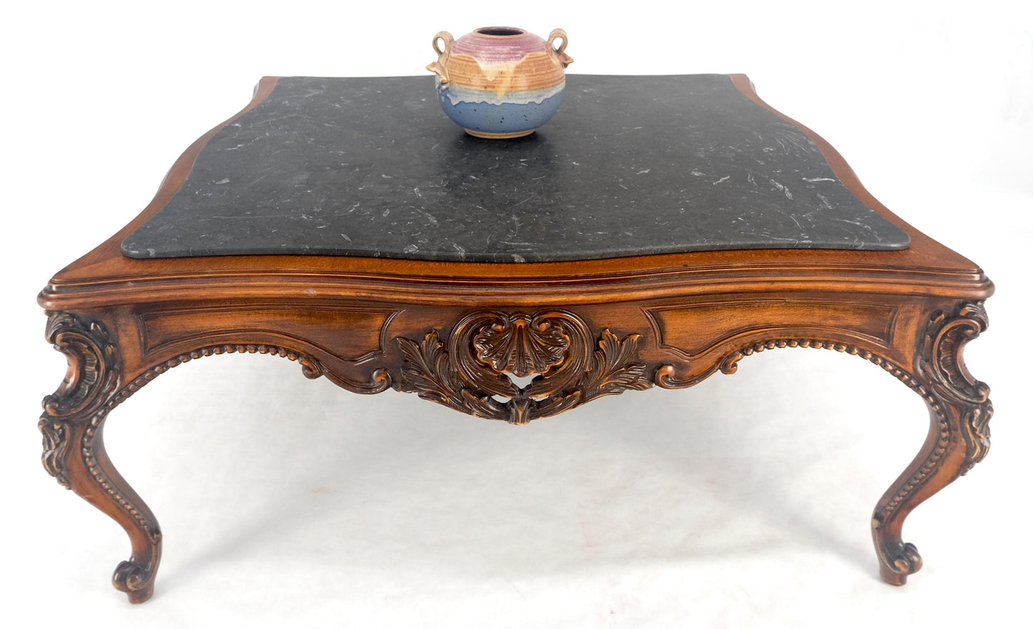 Fine Carved Regency Revival French Black Marble Top Square Coffee Table MINT!