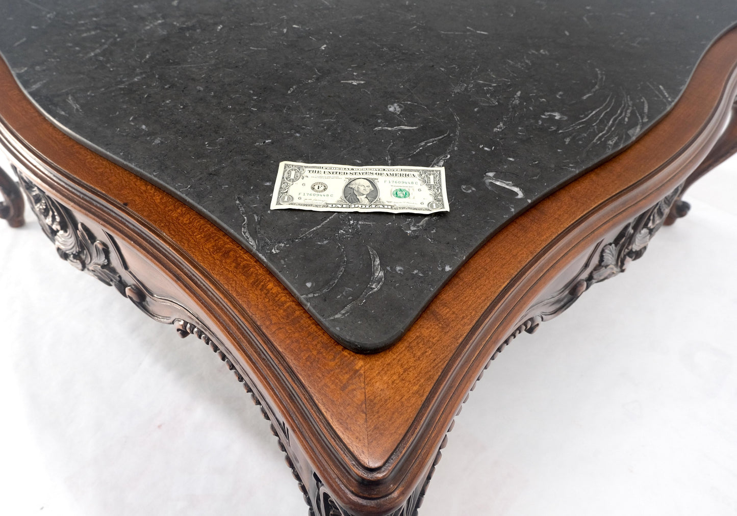 Fine Carved Regency Revival French Black Marble Top Square Coffee Table MINT!