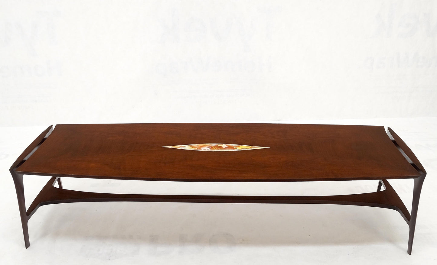 Oiled Walnut Tile Insert Floating Top Mid-Century Long Surfboard Coffee Table