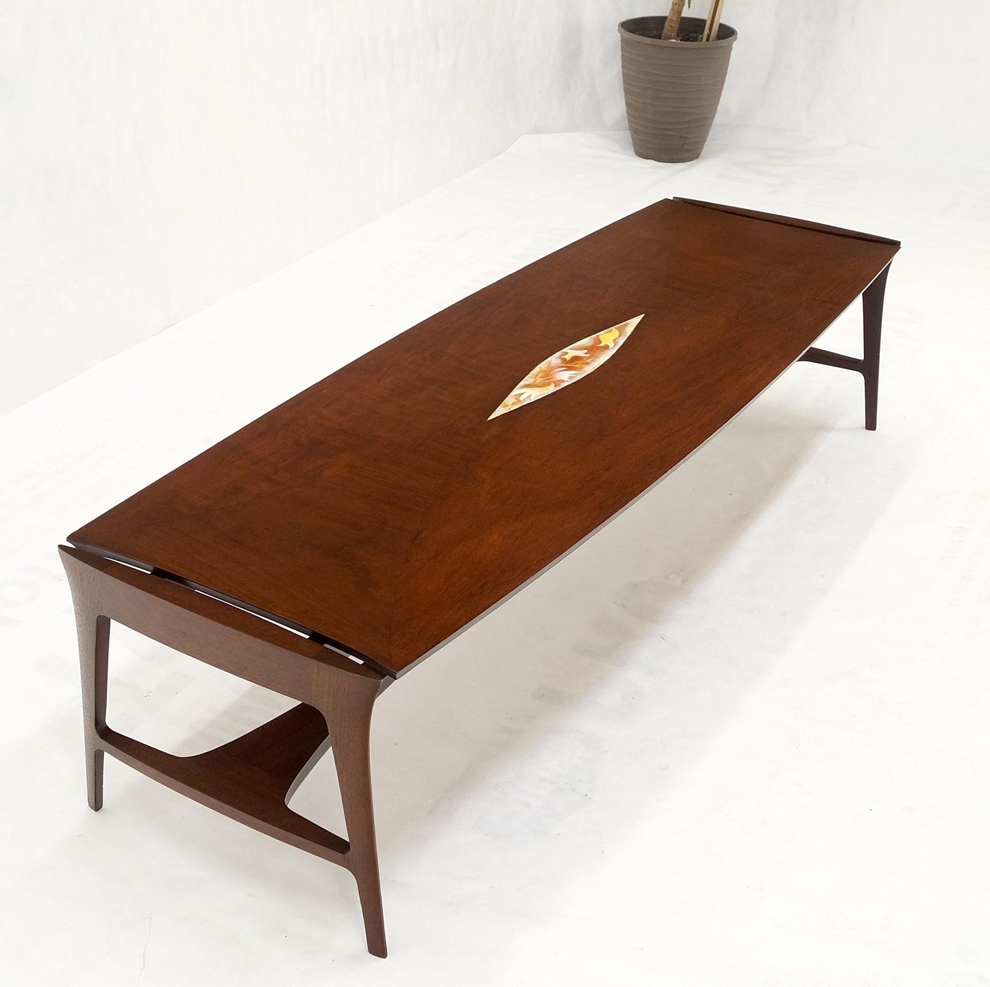 Oiled Walnut Tile Insert Floating Top Mid-Century Long Surfboard Coffee Table