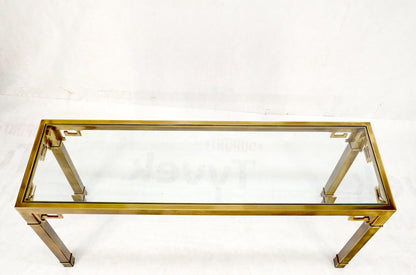 Greek Key Glass Top Mastercraft Solid Square Brass Profile Console Sofa Table