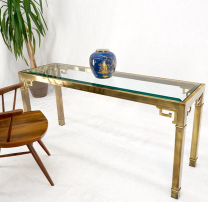 Greek Key Glass Top Mastercraft Solid Square Brass Profile Console Sofa Table