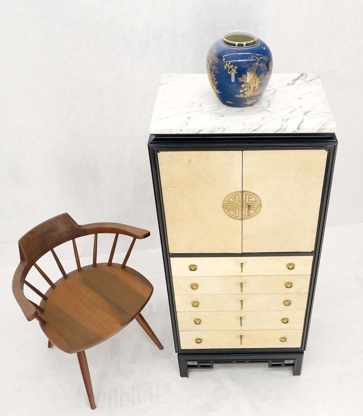 Black Lacquer Marble Top Goatskin Drawers & Double Doors Liquor Silver Cabinet