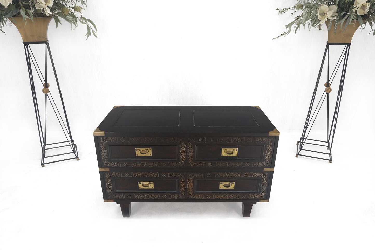 Campaign Style Ebonized Mahogany Brass Inlay Two Drawers Small Dresser Chest