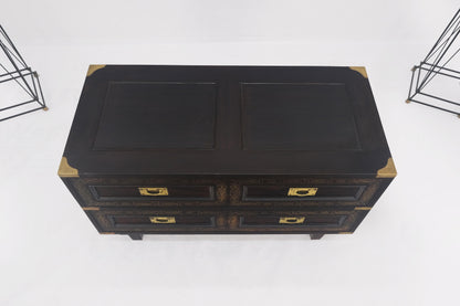 Campaign Style Ebonized Mahogany Brass Inlay Two Drawers Small Dresser Chest