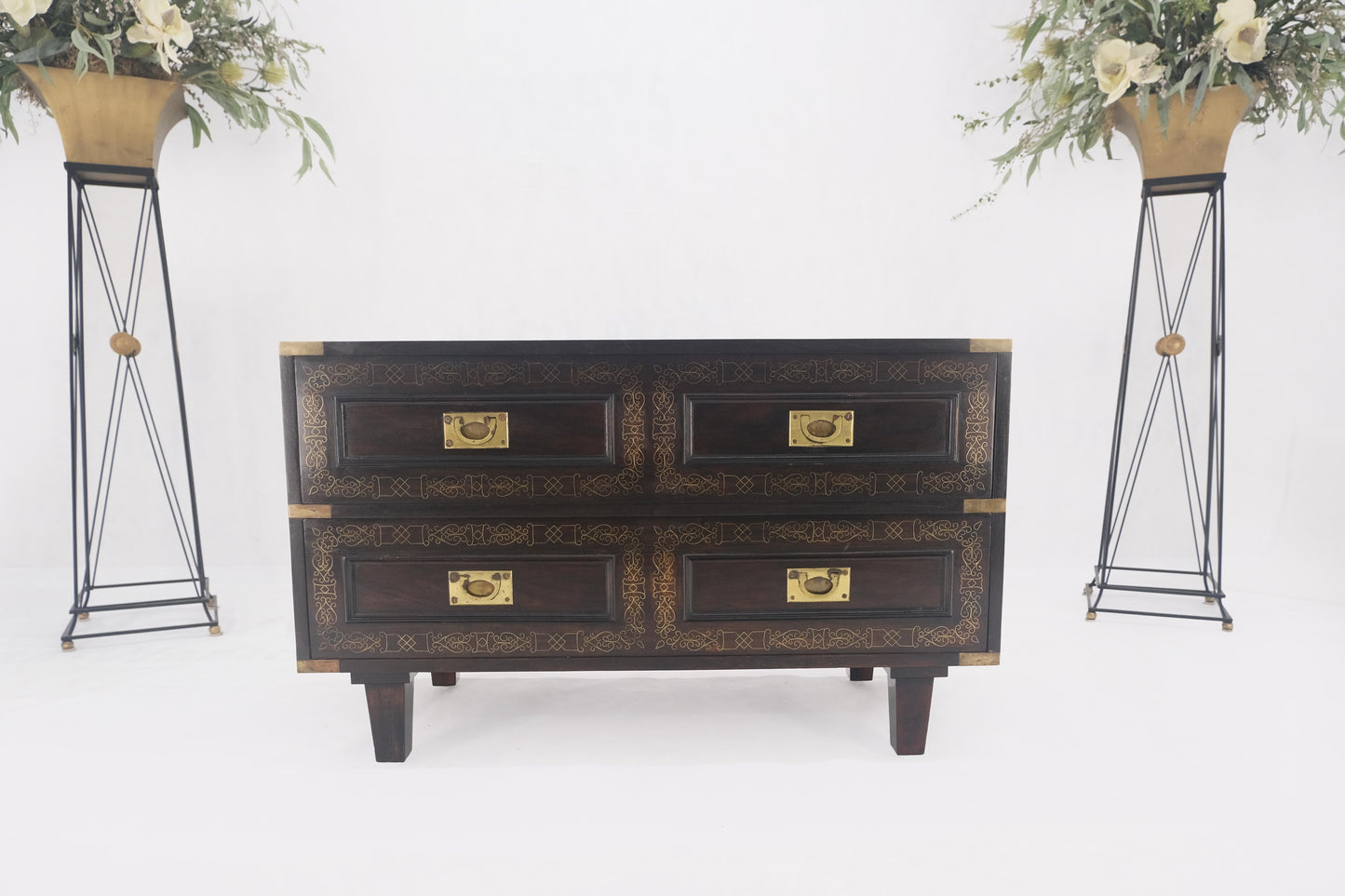 Campaign Style Ebonized Mahogany Brass Inlay Two Drawers Small Dresser Chest