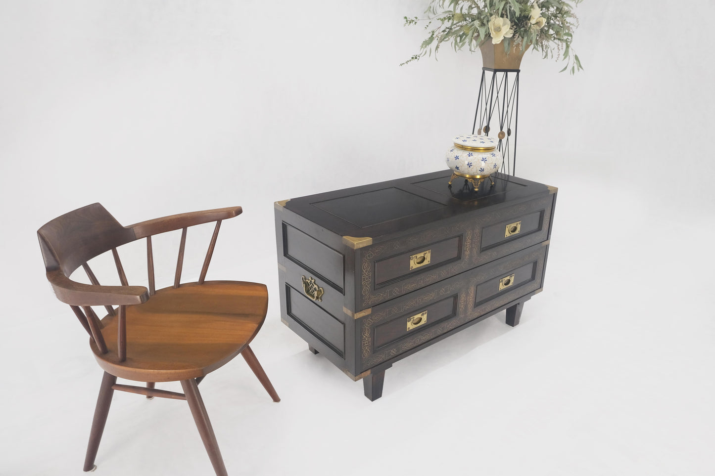 Campaign Style Ebonized Mahogany Brass Inlay Two Drawers Small Dresser Chest