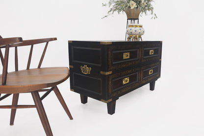 Campaign Style Ebonized Mahogany Brass Inlay Two Drawers Small Dresser Chest