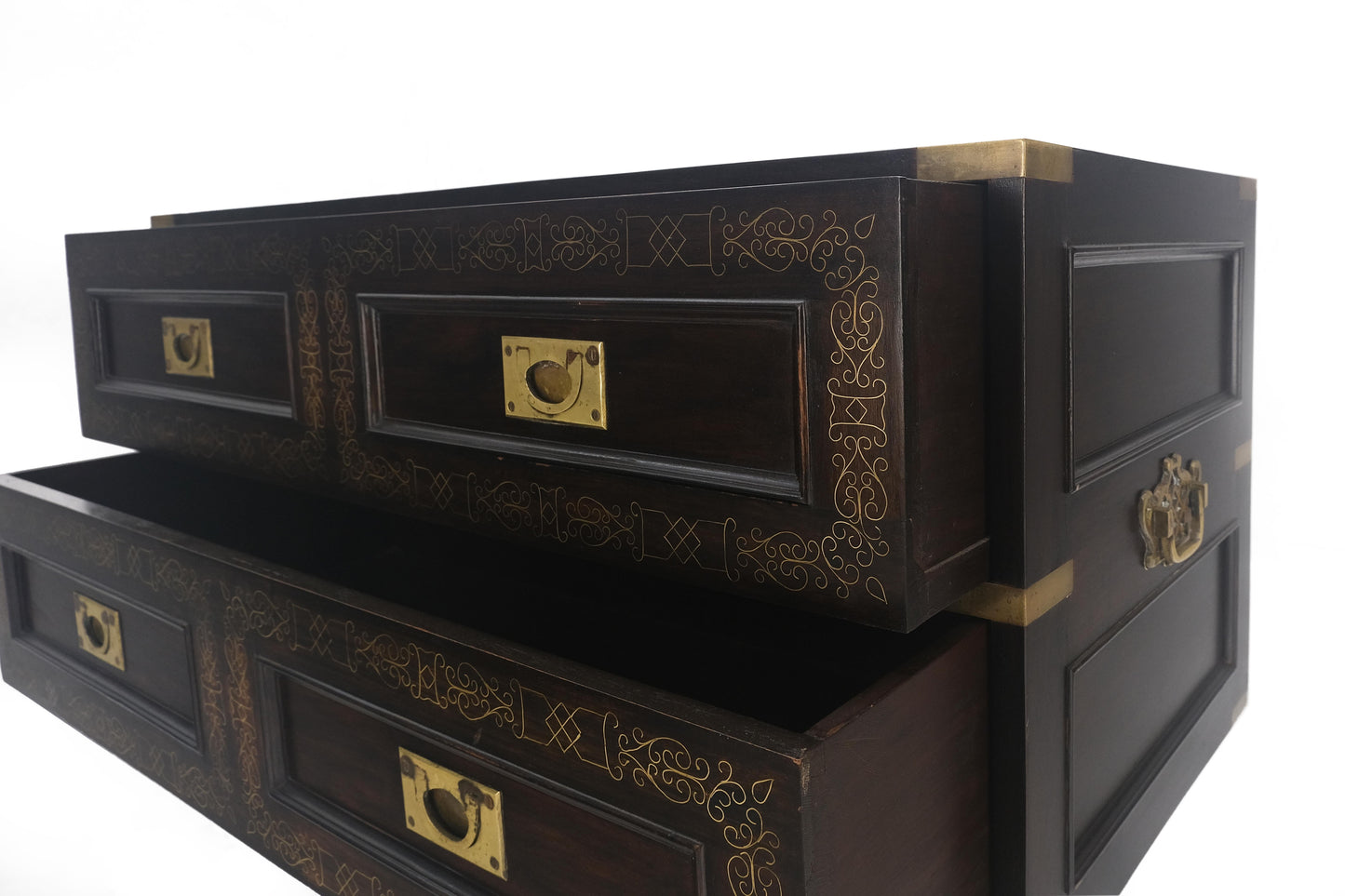 Campaign Style Ebonized Mahogany Brass Inlay Two Drawers Small Dresser Chest