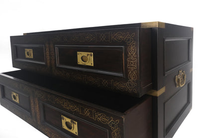 Campaign Style Ebonized Mahogany Brass Inlay Two Drawers Small Dresser Chest