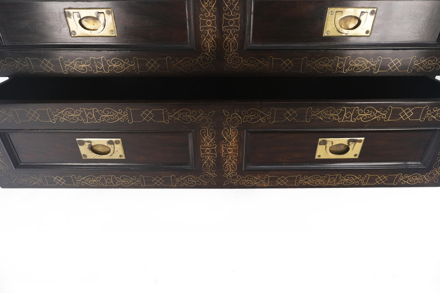 Campaign Style Ebonized Mahogany Brass Inlay Two Drawers Small Dresser Chest