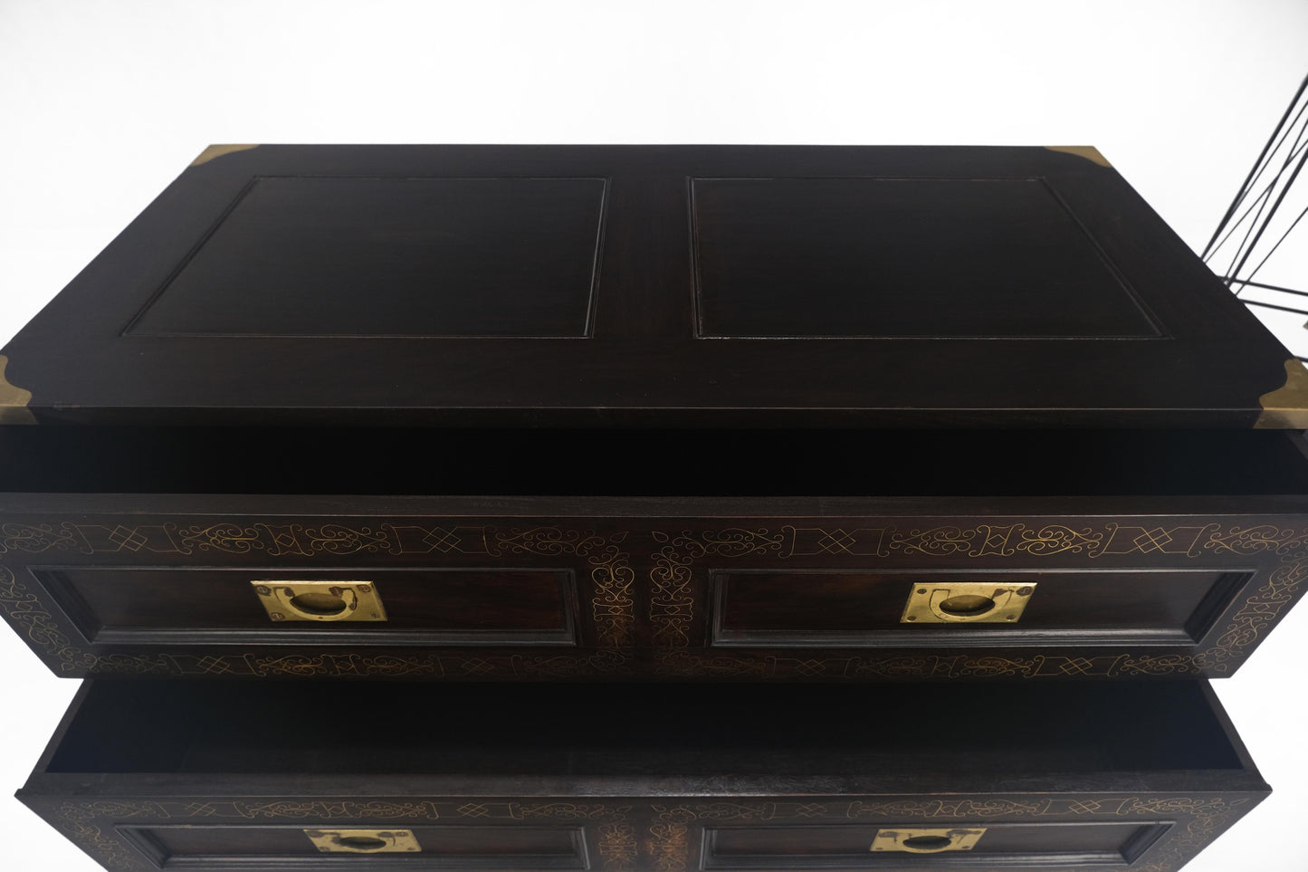 Campaign Style Ebonized Mahogany Brass Inlay Two Drawers Small Dresser Chest