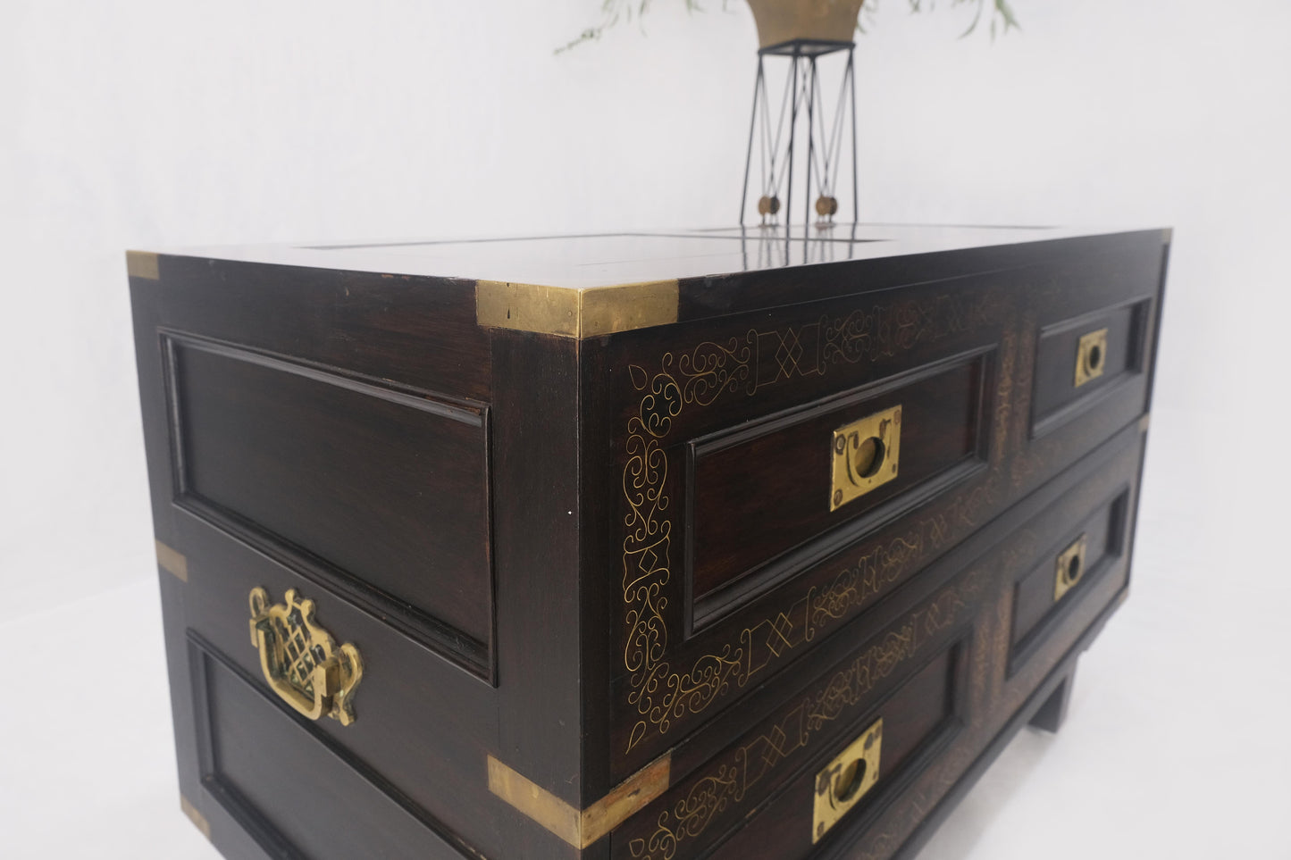 Campaign Style Ebonized Mahogany Brass Inlay Two Drawers Small Dresser Chest