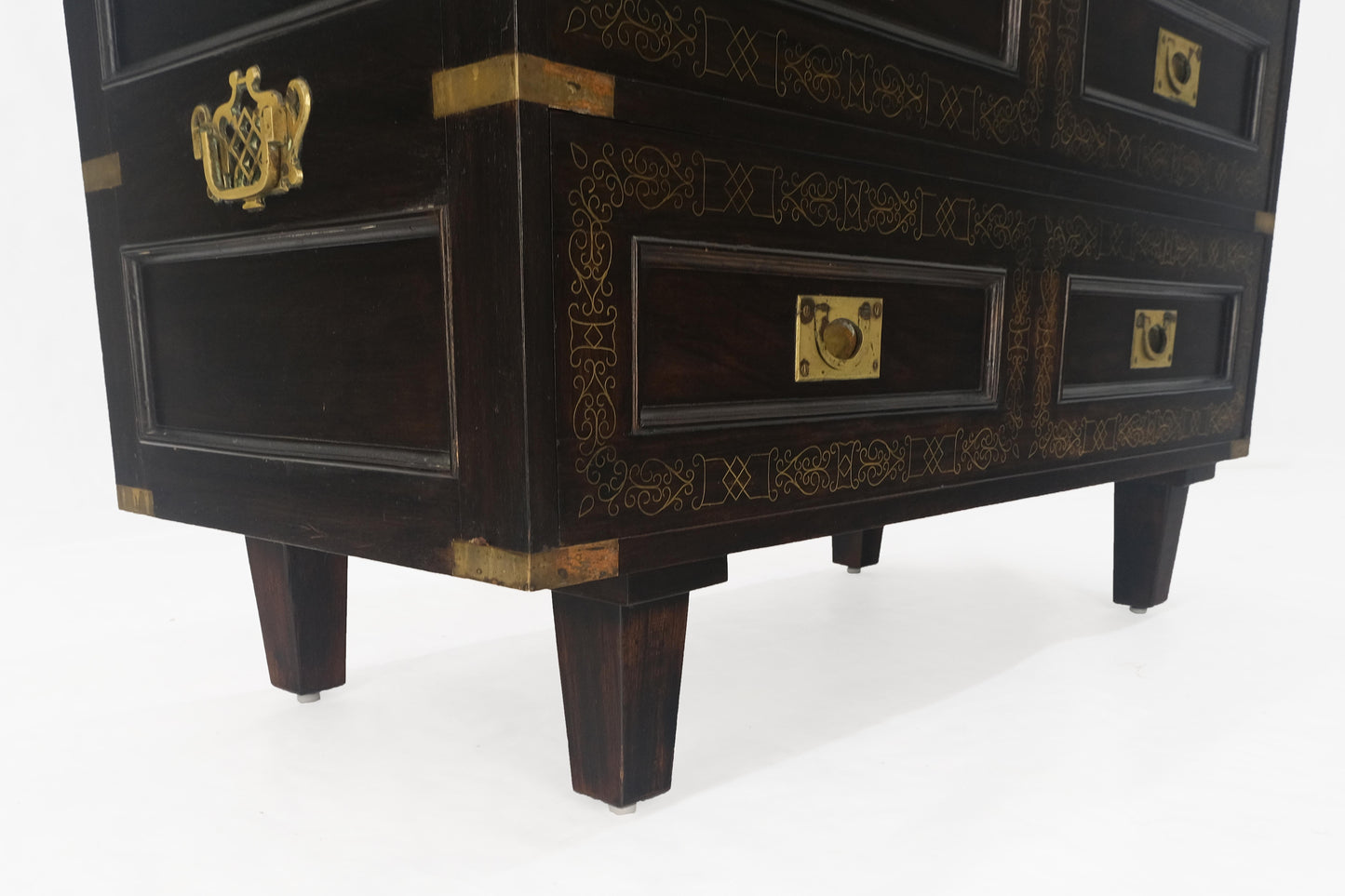 Campaign Style Ebonized Mahogany Brass Inlay Two Drawers Small Dresser Chest