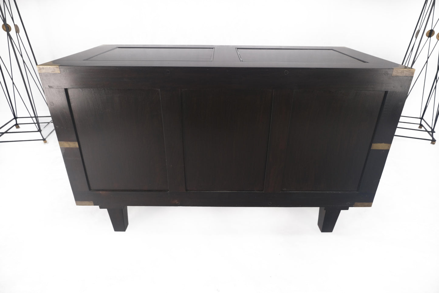 Campaign Style Ebonized Mahogany Brass Inlay Two Drawers Small Dresser Chest