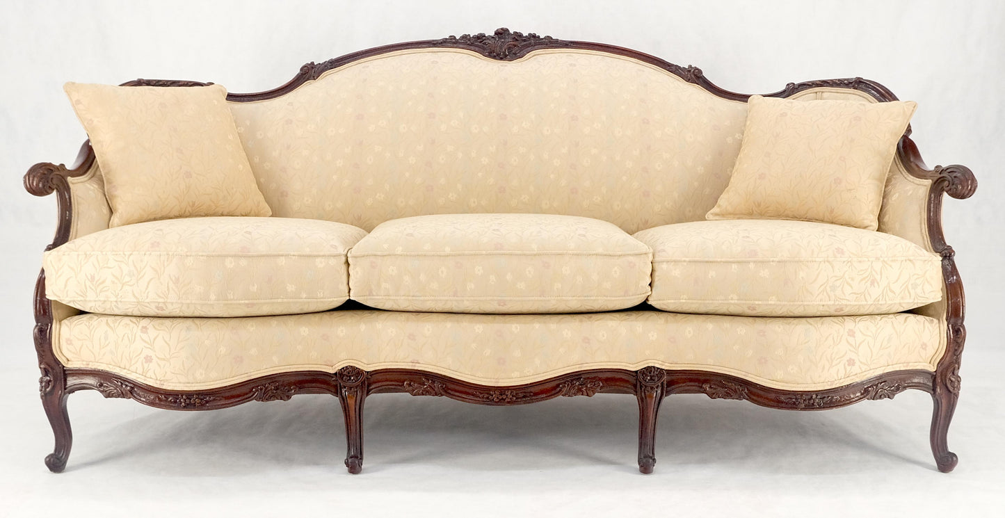 Very Fine Carved Mahogany Frame Cream Upholstery Curved Back French Sofa MINT!