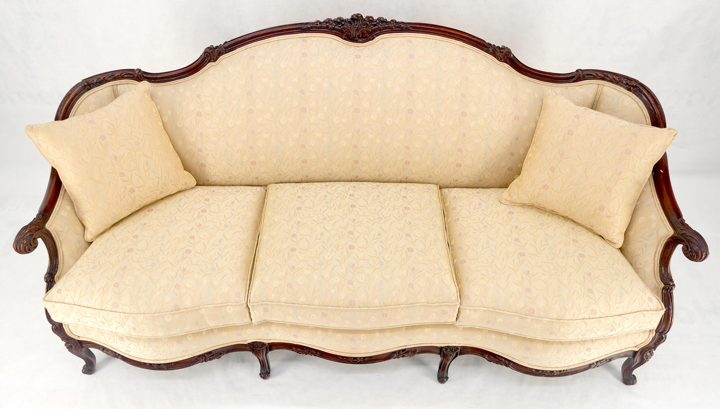 Very Fine Carved Mahogany Frame Cream Upholstery Curved Back French Sofa MINT!