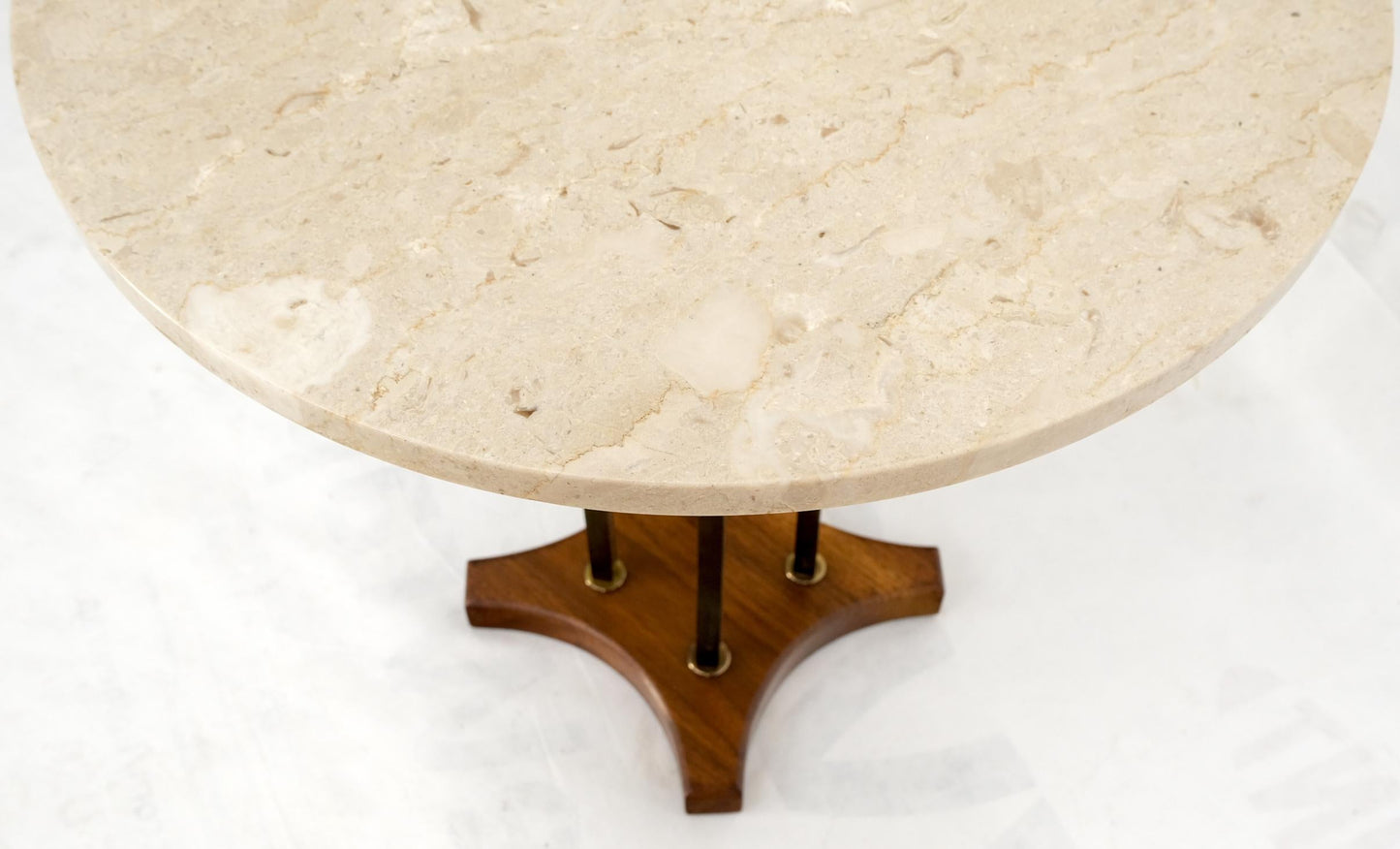 Round Marble Top Brass & Walnut Occasional End Side Table Lamp Stand