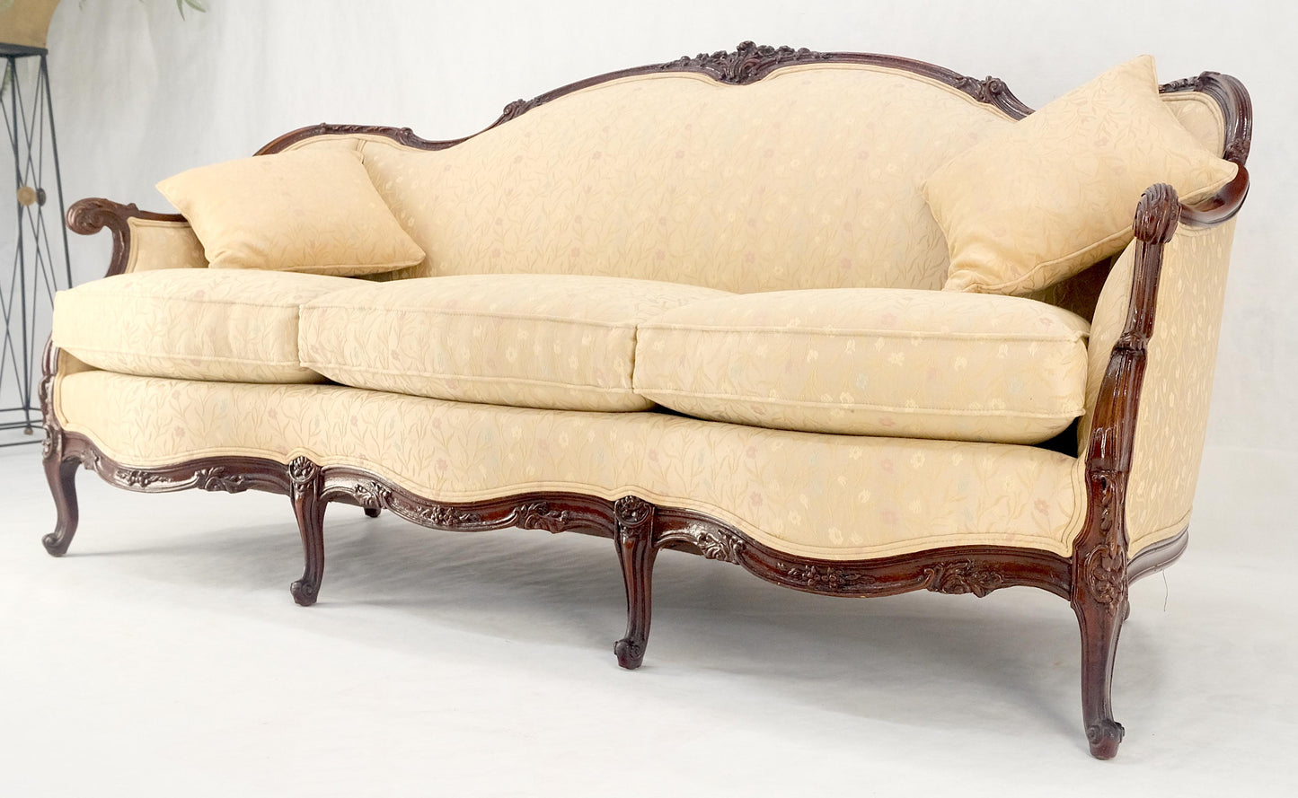 Very Fine Carved Mahogany Frame Cream Upholstery Curved Back French Sofa MINT!