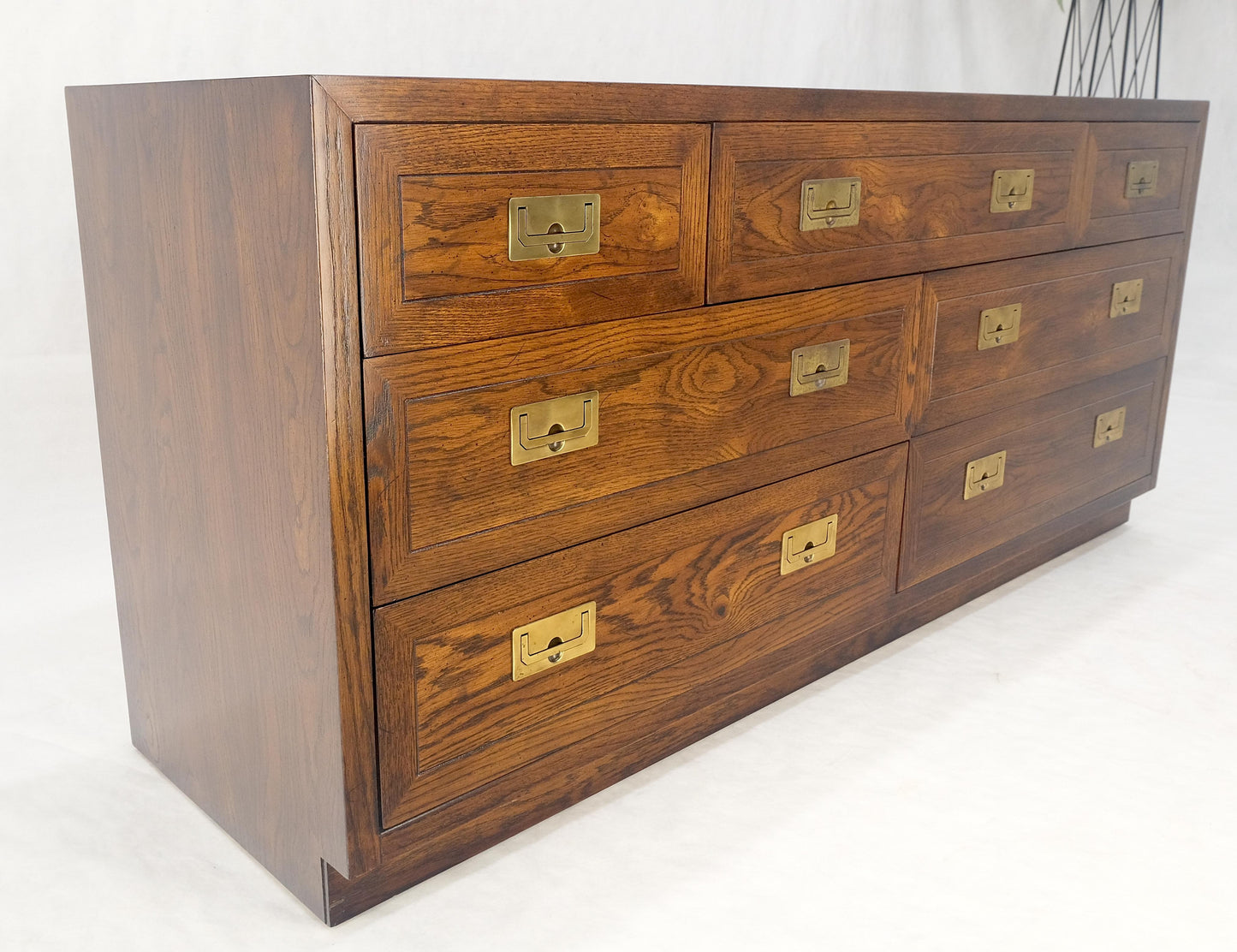 Henredon Campaign Style 7 Drawers Compact 64" Long Dresser Credenza Brass MINT!