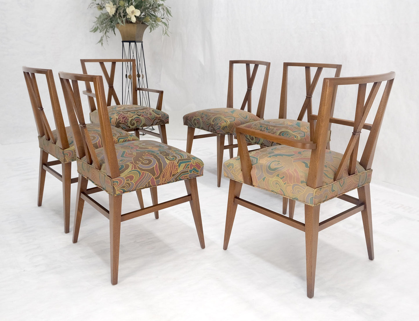 Set of 6 Tommy Parzinger Light Walnut Dining Chairs Lenor Larsen Upholstery MINT