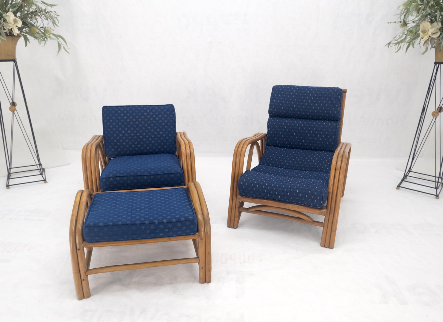 Pair of His & Hers Rattan Bamboo Mid Century Modern Lounge Chairs Ottoman MINT!