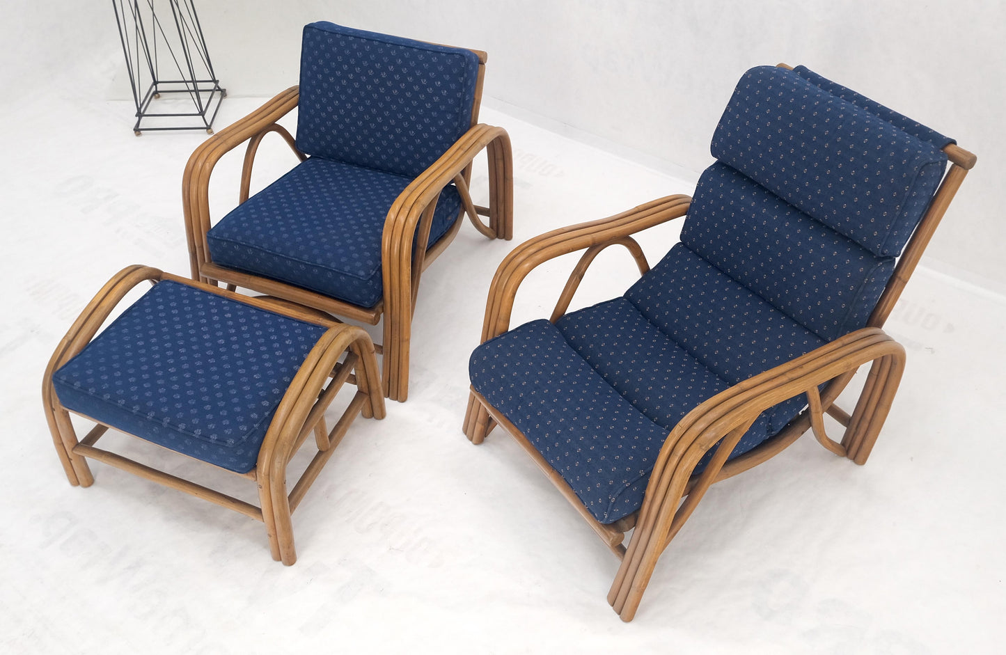 Pair of His & Hers Rattan Bamboo Mid Century Modern Lounge Chairs Ottoman MINT!