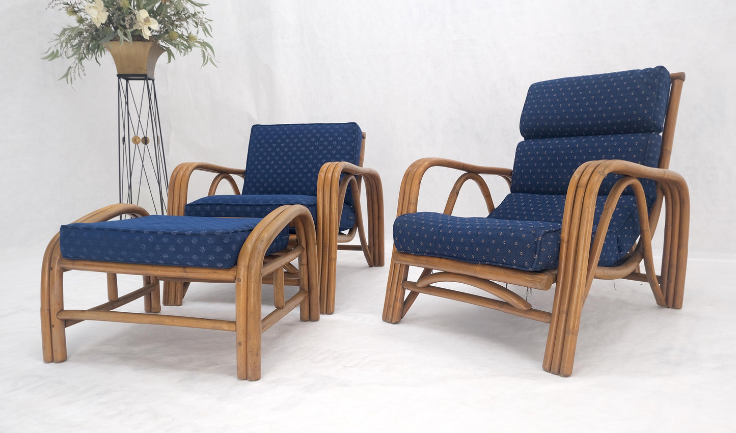 Pair of His & Hers Rattan Bamboo Mid Century Modern Lounge Chairs Ottoman MINT!