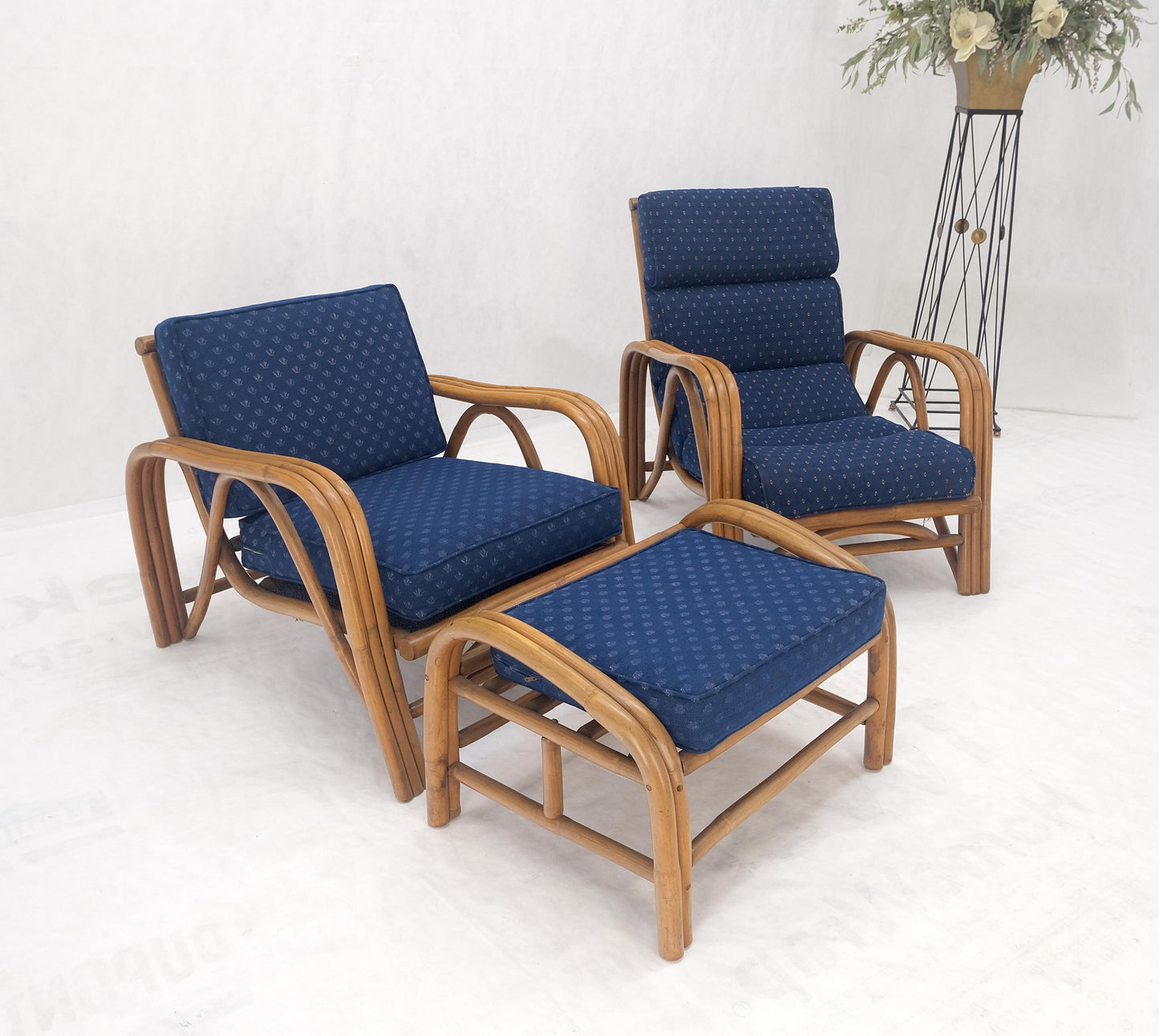 Pair of His & Hers Rattan Bamboo Mid Century Modern Lounge Chairs Ottoman MINT!