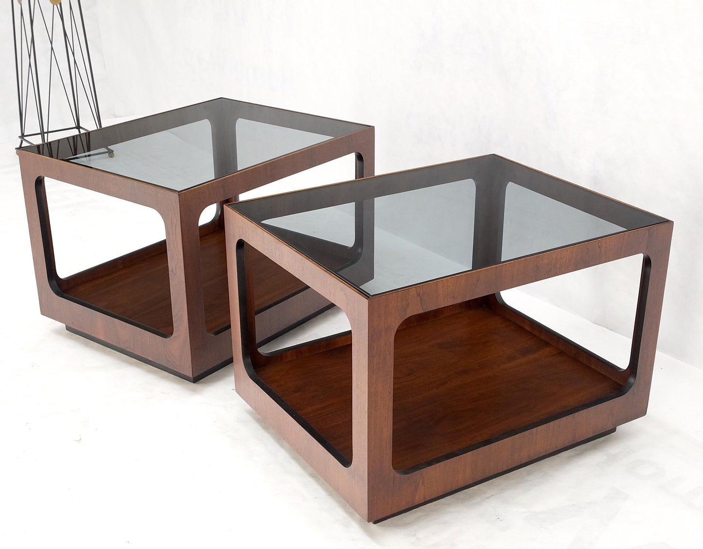 Pair Walnut Rectangle Cube Shape Smoked Glass Top Side End Tables Stands Mint!