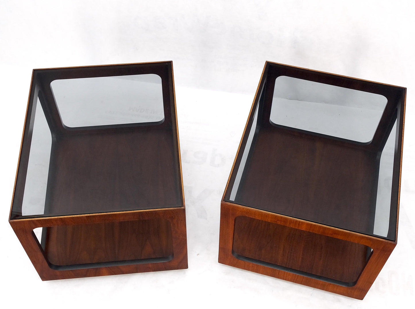 Pair Walnut Rectangle Cube Shape Smoked Glass Top Side End Tables Stands Mint!