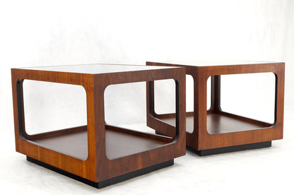 Pair Walnut Rectangle Cube Shape Smoked Glass Top Side End Tables Stands Mint!