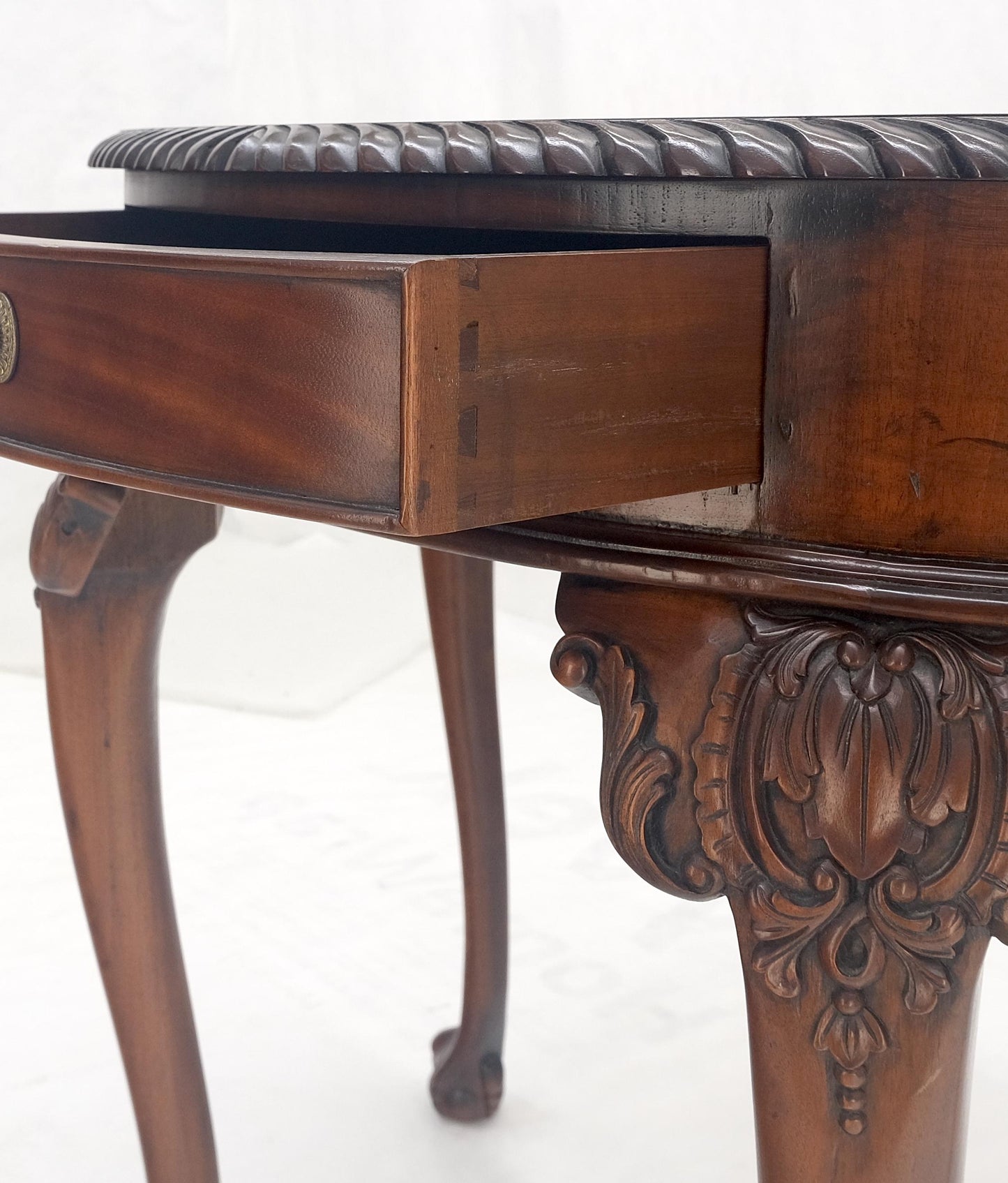 Demi Lune Carved Mahogany Rope Edge Ball & Claw Feet  One Drawer Console Table