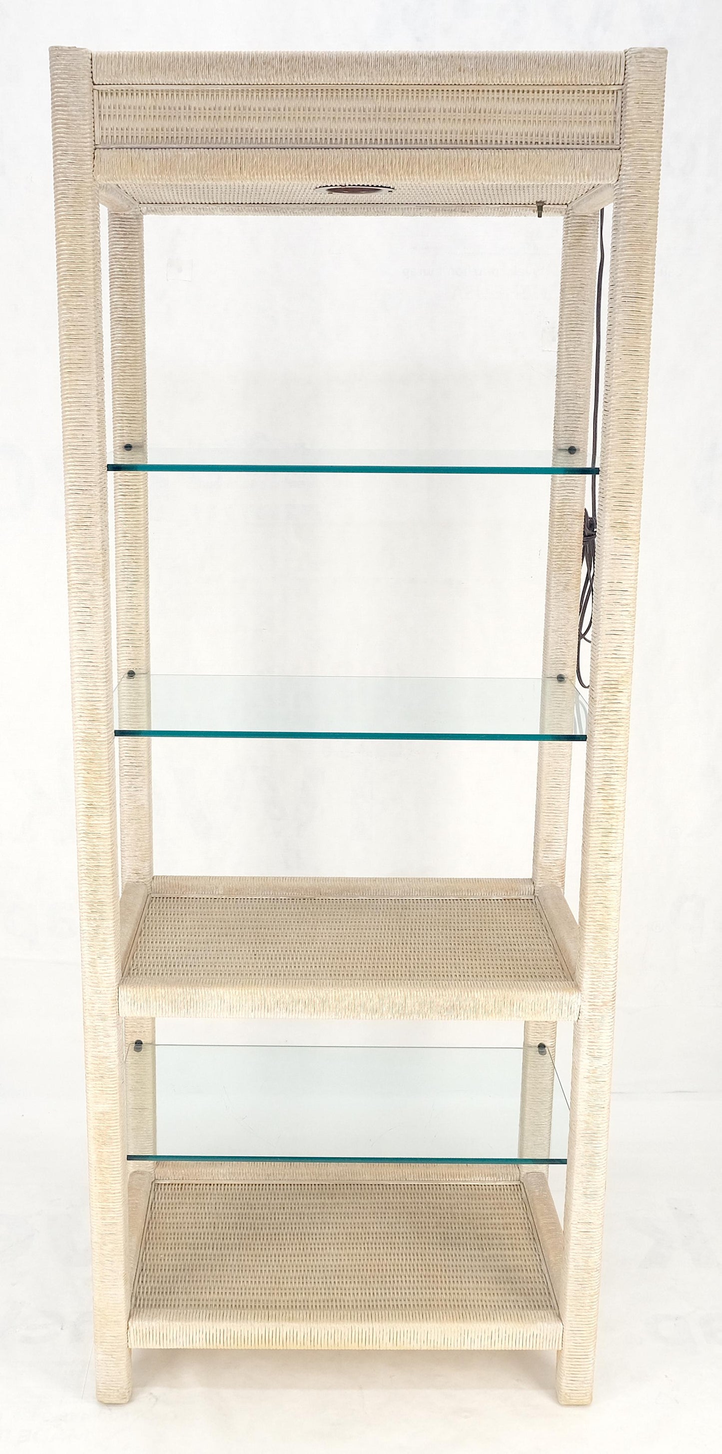 White Pickled Rush Cane Bamboo Wrapped 5 Shelves 76" Tall Etagere Display MINT!