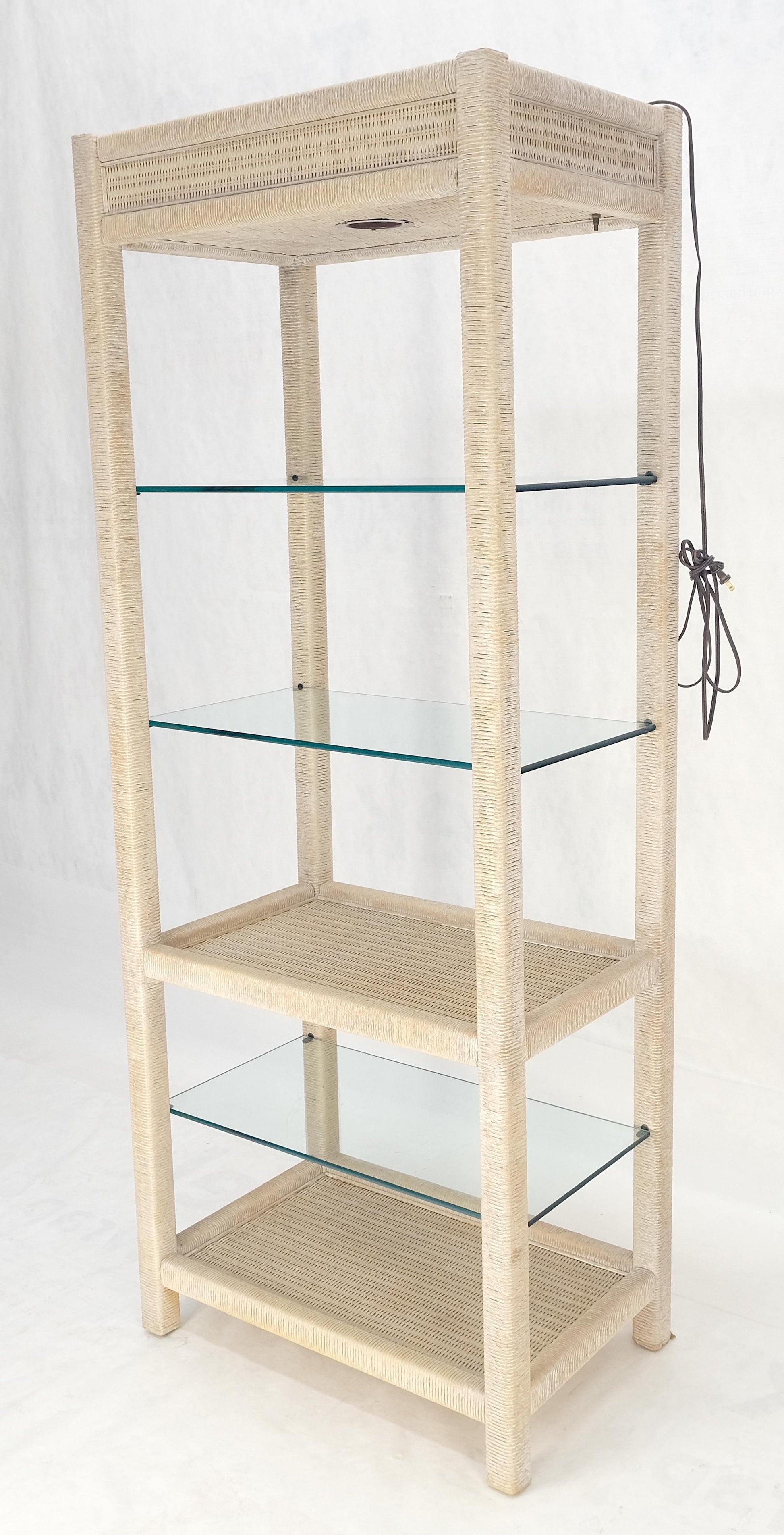 White Pickled Rush Cane Bamboo Wrapped 5 Shelves 76" Tall Etagere Display MINT!