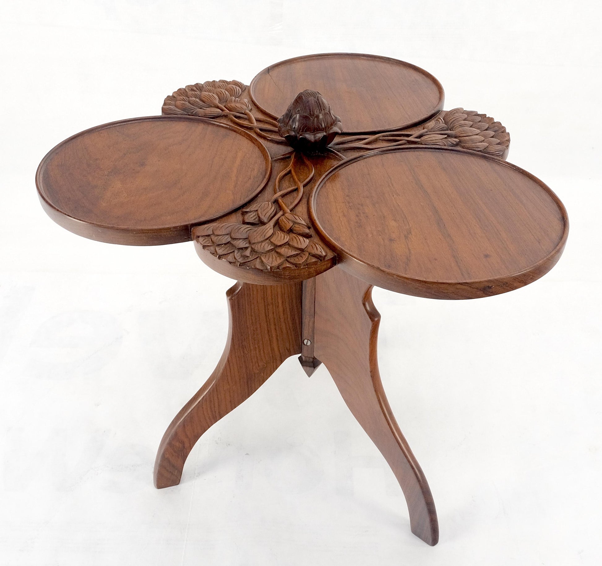 Carved Teak Acorn Tripod Base Triptych Round Tray Top Side End Serving Table