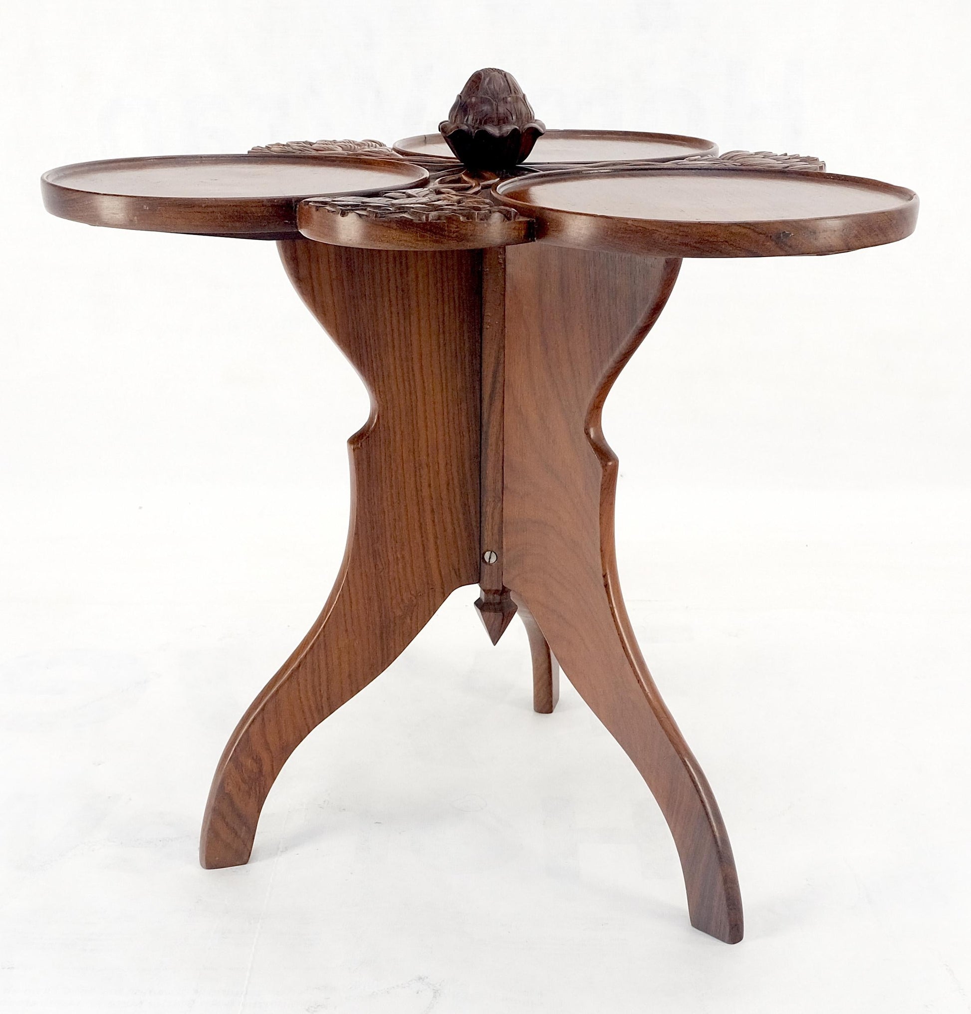 Carved Teak Acorn Tripod Base Triptych Round Tray Top Side End Serving Table