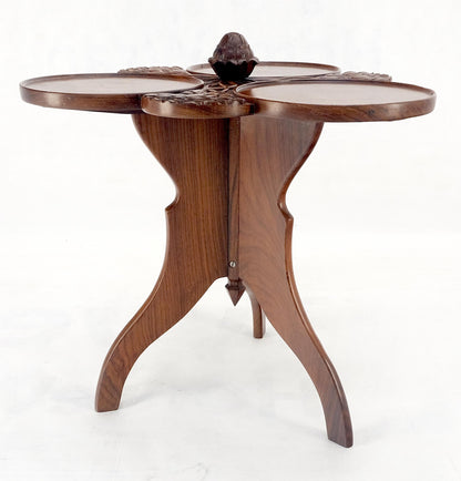 Carved Teak Acorn Tripod Base Triptych Round Tray Top Side End Serving Table