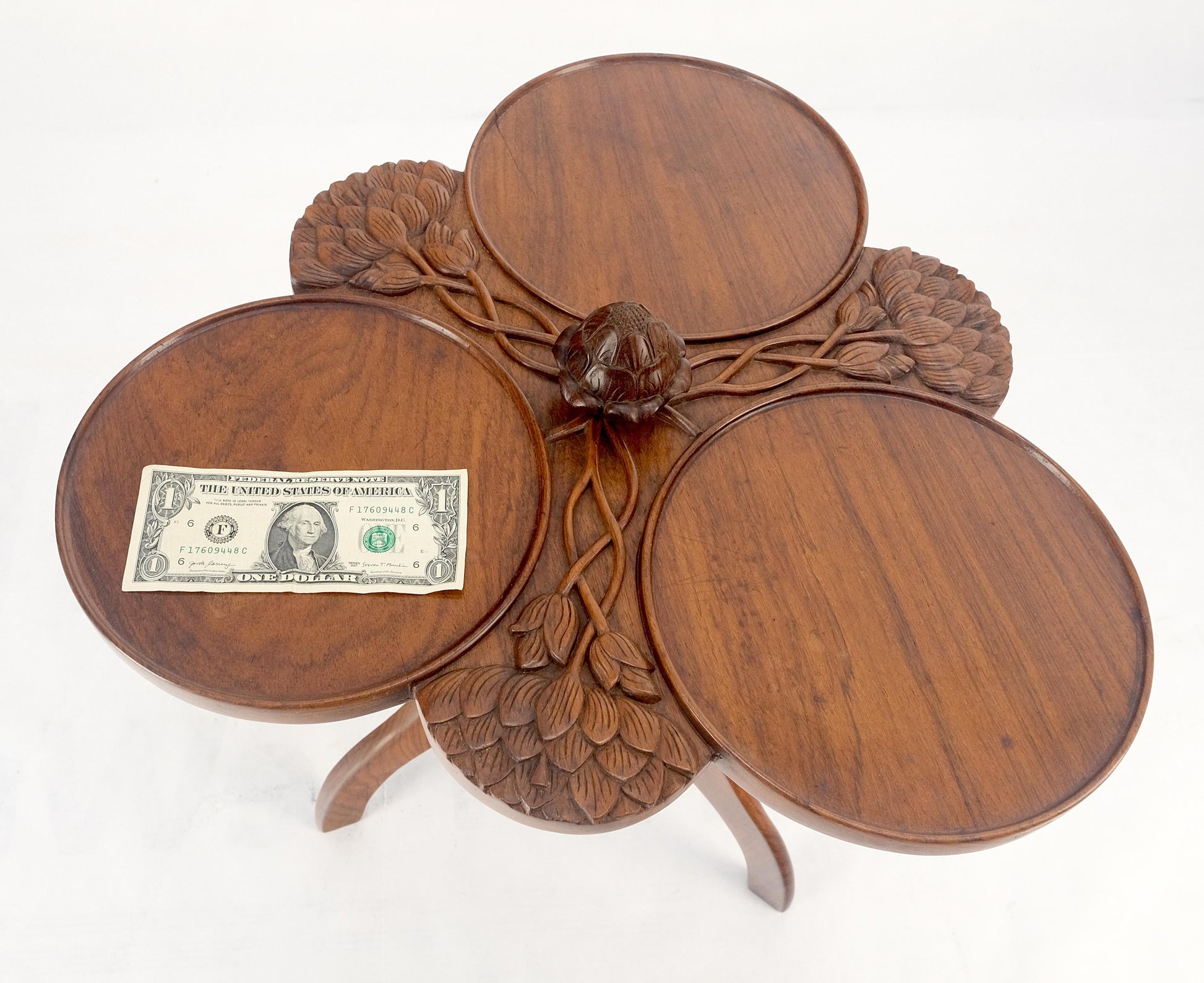 Carved Teak Acorn Tripod Base Triptych Round Tray Top Side End Serving Table