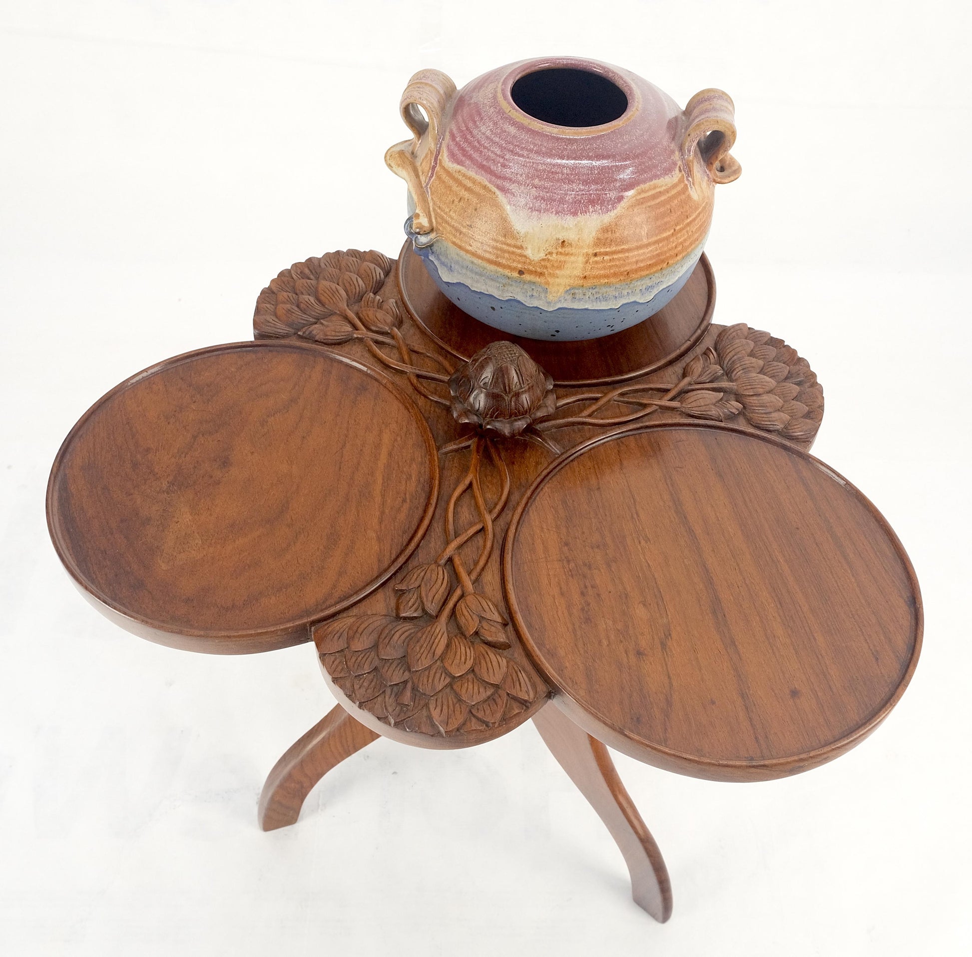 Carved Teak Acorn Tripod Base Triptych Round Tray Top Side End Serving Table