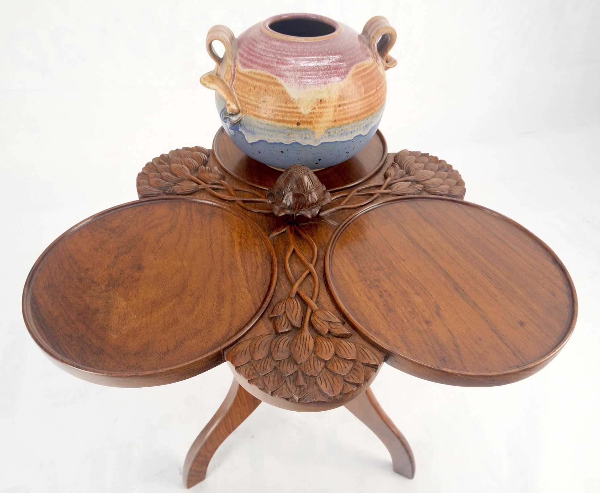 Carved Teak Acorn Tripod Base Triptych Round Tray Top Side End Serving Table