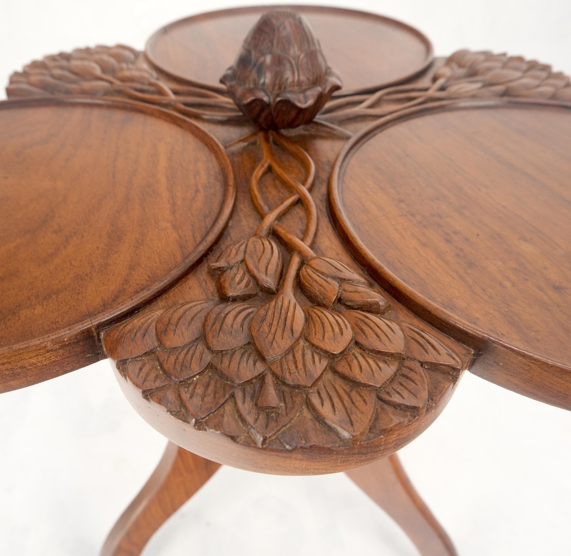 Carved Teak Acorn Tripod Base Triptych Round Tray Top Side End Serving Table