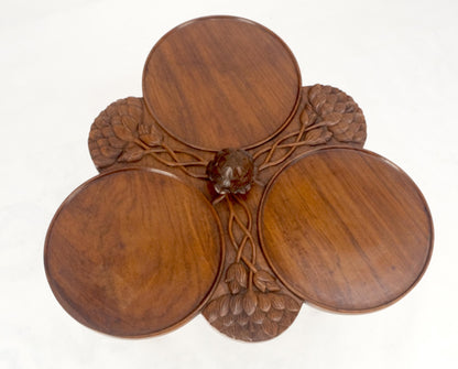 Carved Teak Acorn Tripod Base Triptych Round Tray Top Side End Serving Table