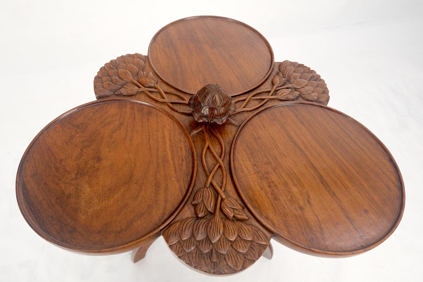 Carved Teak Acorn Tripod Base Triptych Round Tray Top Side End Serving Table