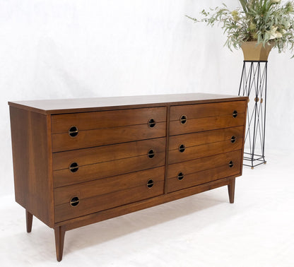 Danish Mid Century Modern 6 Drawers Walnut Double Dresser Credenza Round Pulls